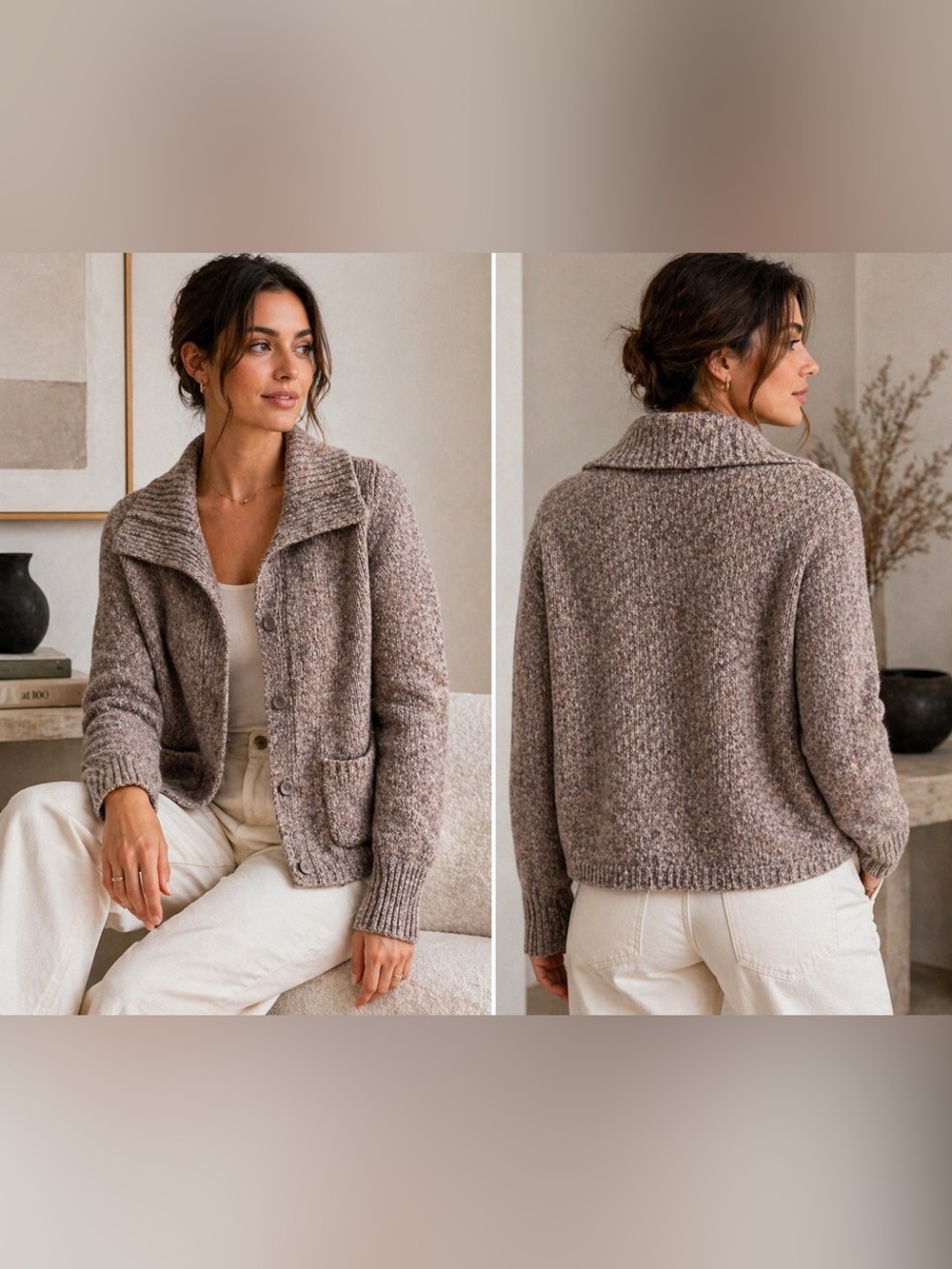 Eileen Fisher XS Brown Italian Yarn Cardigan Wool Cashmere Button Front Chic LUX